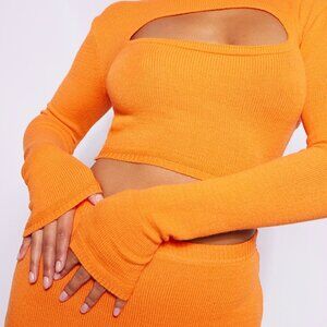 Tie Back Long Sleeve Knit Crop Top + Maxi Skirt Set 'Orange'